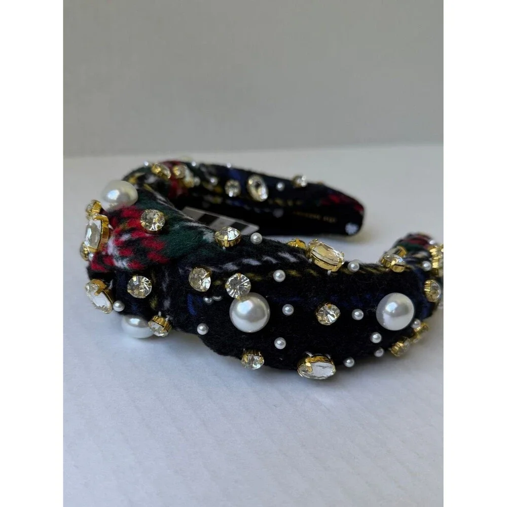 Lele Sadoughi Pearl and Crystal Flannel Knotted Headband Jet Plaid One Size